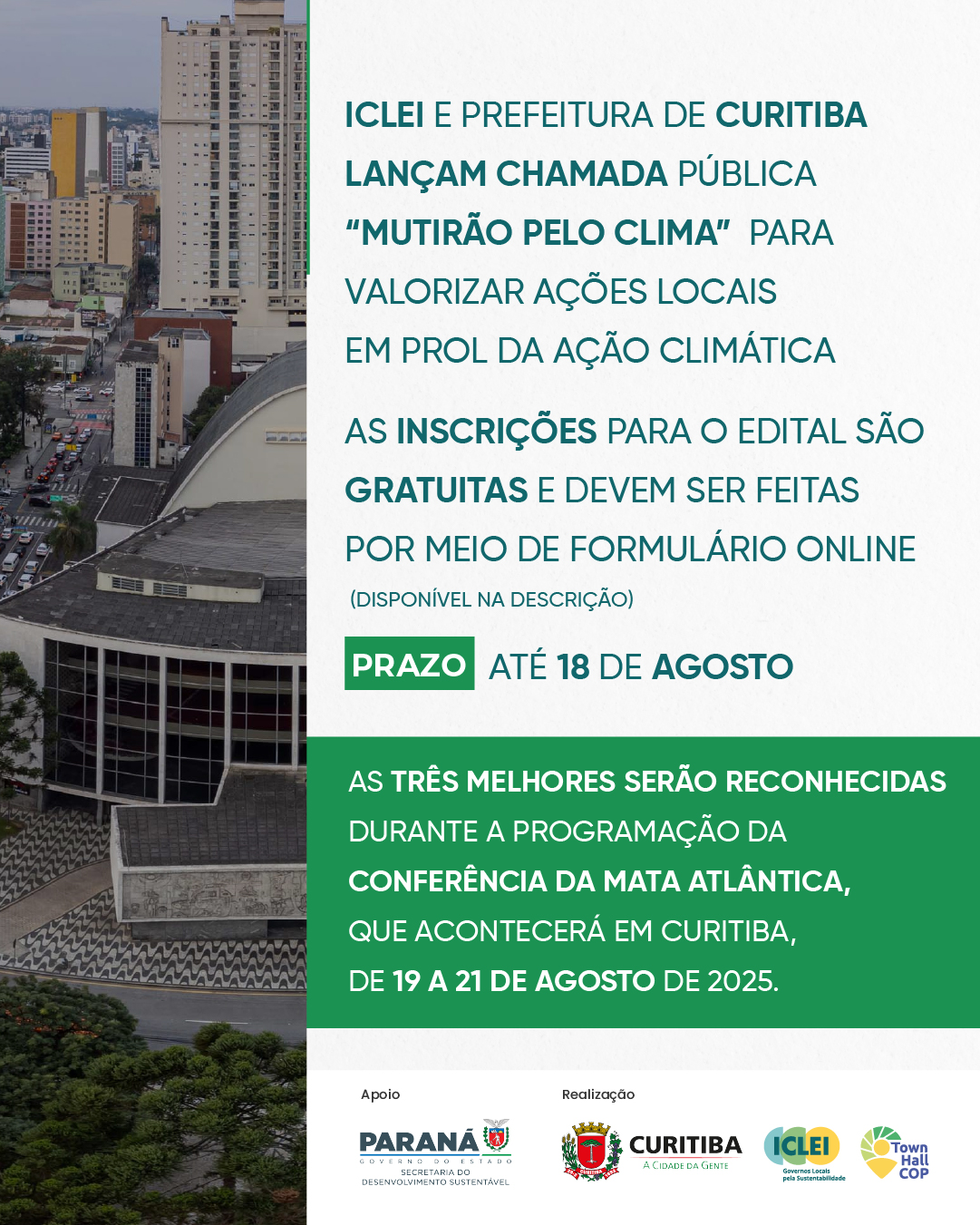ICLEI, SEDET e Prefeitura de Curitiba lançam chamada pública “Mutirão pelo Clima” para valorizar ações locais em prol da ação climática